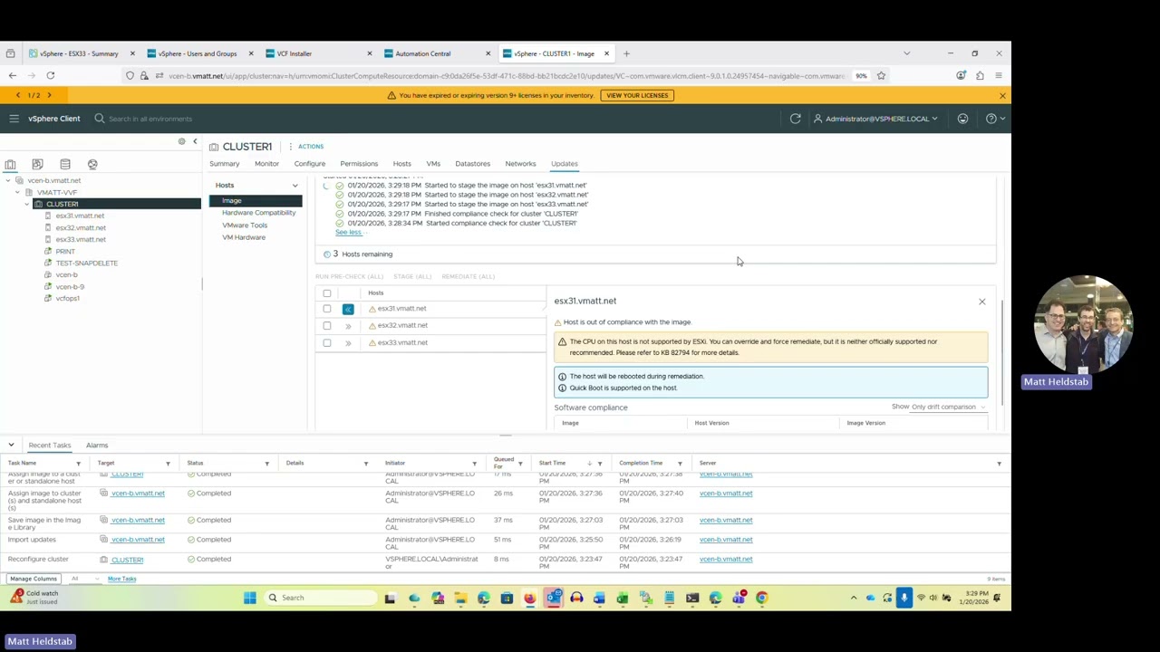 vSphere 8 to VVF 9 Migration (Brownfield) Pt2 -ESX 9 upgrade and VCF 9 Operations for Logs Deploy