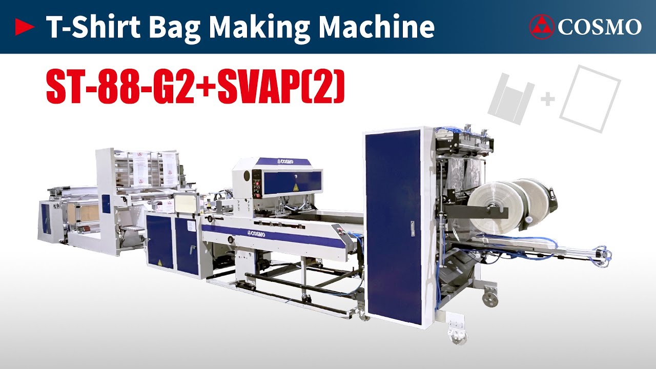 【COSMO】2 Lines T-Shirt Bag Making Machine with Hot Slitting Gusset Device & Auto Packaging Unit