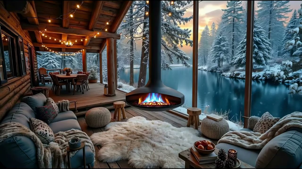 Cozy Winter River Cabin ❄️ Hanging Fireplace & Soft Jazz Piano 🎹 [4K]"