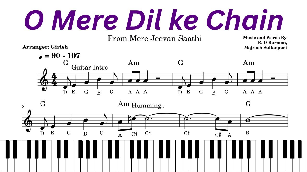 How to play O Mere Dil Ke chain on Piano /notes chords/lesson tutorial