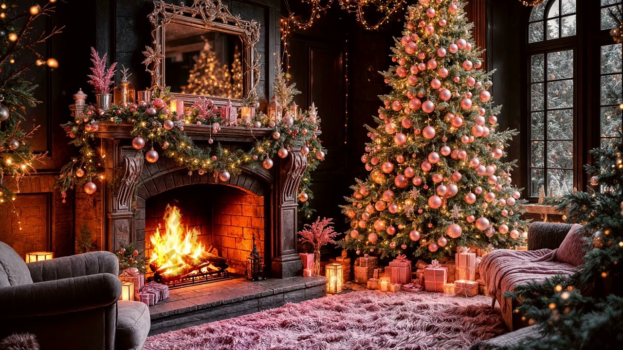 4K Pink Christmas Fireplace Crackling Fire | Winter Falling Snow | Christmas Ambience | Pinkmas
