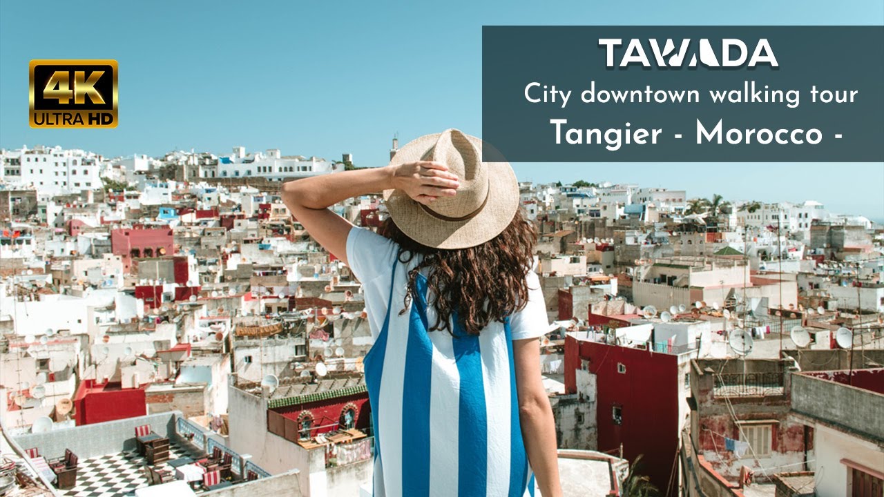 Tangier city downtown streets walking tour - Morocco - 4K UHD