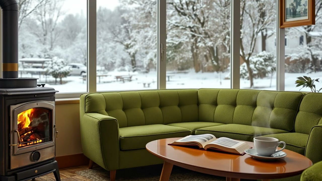 Cozy Fireplace Window Scene ❄️🔥 | Winter Living Room, Tea & Relaxing Music