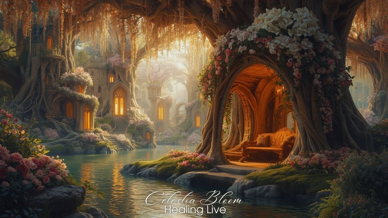 Golden Elven Riverside LIVE 24/7 🌸✨ | Relaxing Elf Music, Gentle Waterfall & Cozy Forest Ambience
