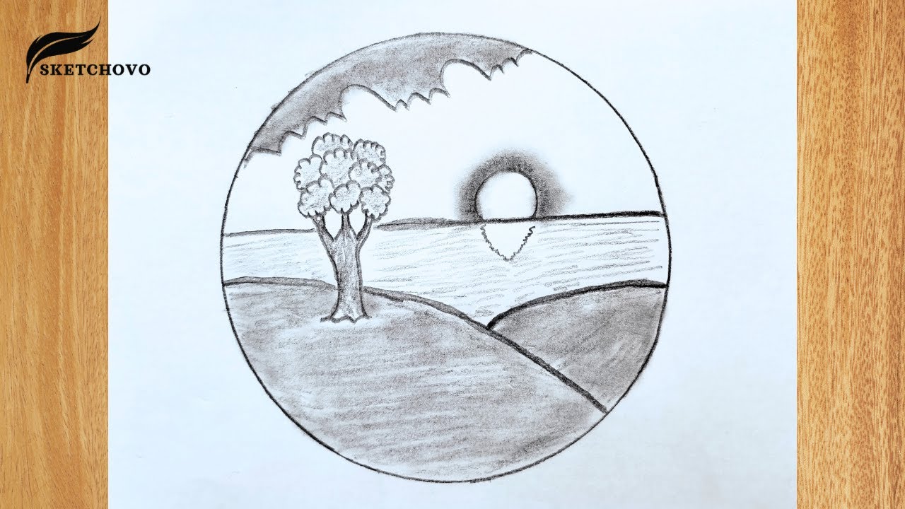 Step by Step Scenery Drawing in Circle | Easy Pencil Sketch | Tree and Sunset Scenery