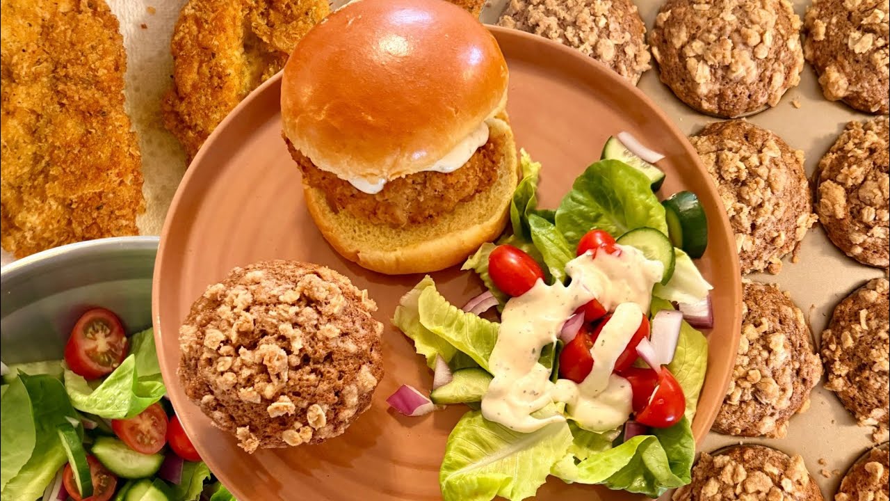 Crispy Fried Chicken Sandwich + Sourdough Banana Oat Muffins Recipe | Homemade & Easy