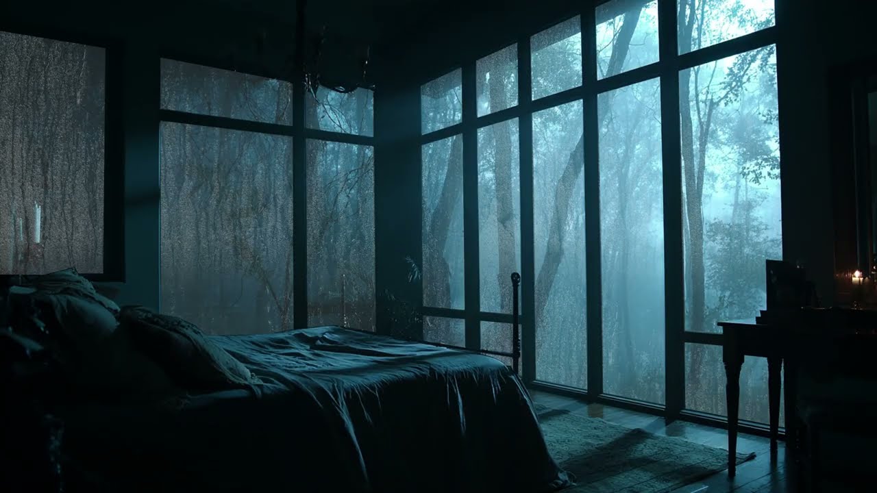 Cozy Forest Bedroom Ambience with Rain on Window - Calming Rainstorm Sounds for Better Sleep