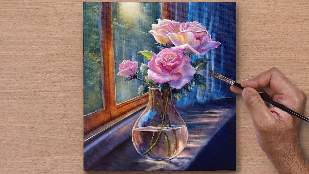 Painting a Vibrant Rose Bouquet in Glass Vase/Relaxing Acrylic Still Life Painting / STEP BY STEP #4