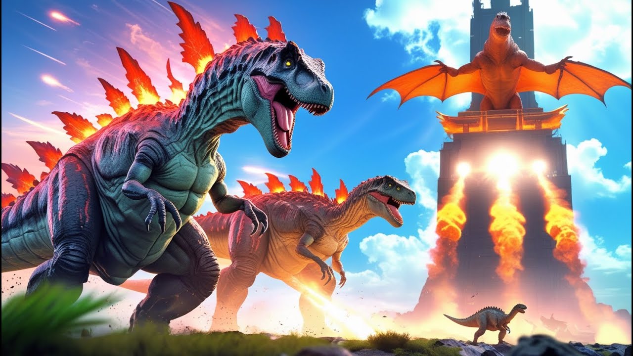 Jurassic World: All Fire T-rex Evolution vs Dinosaurs Fighting Evolution  of Godzilla in JWE2