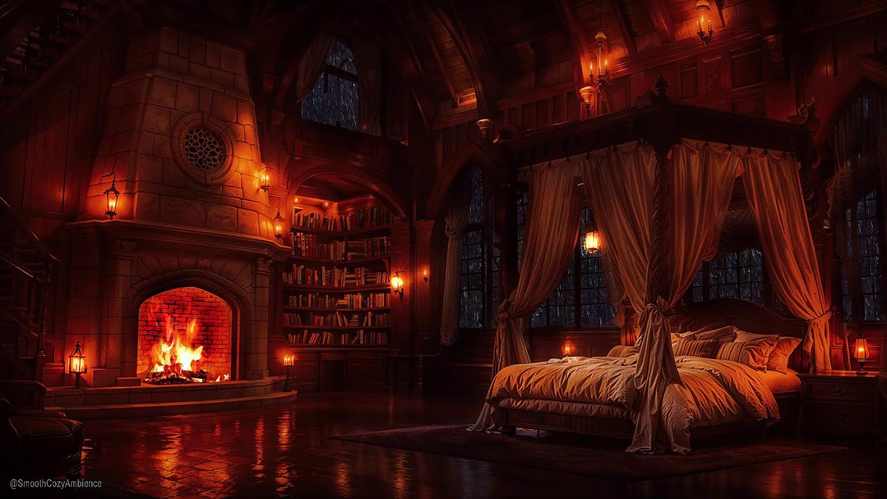 Cozy Castle Bedroom at Night - Rain & Fireplace Ambience