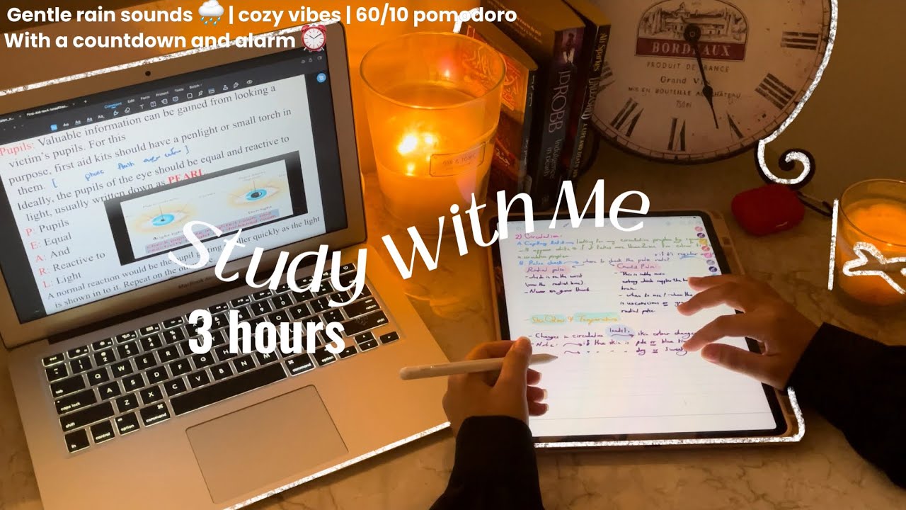 Real time study with me | Medical student🩺3 hrs - 60/10 pomodoro timer - rain sounds - no music