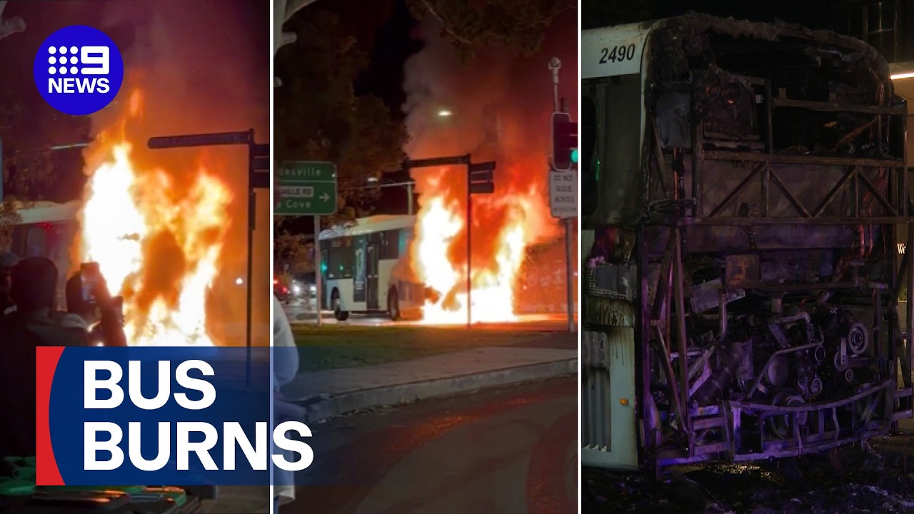 Passenger bus erupts in flames | 9 News Australia
