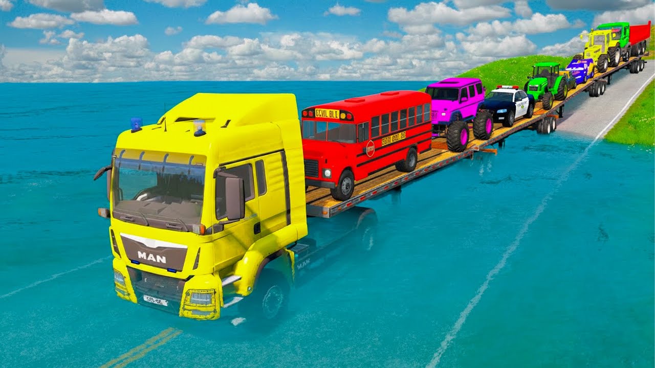 Triple Flatbed Trailer McQueen Transportation with Truck - Speedbumps vs Cars vs Train - BeamNG #20