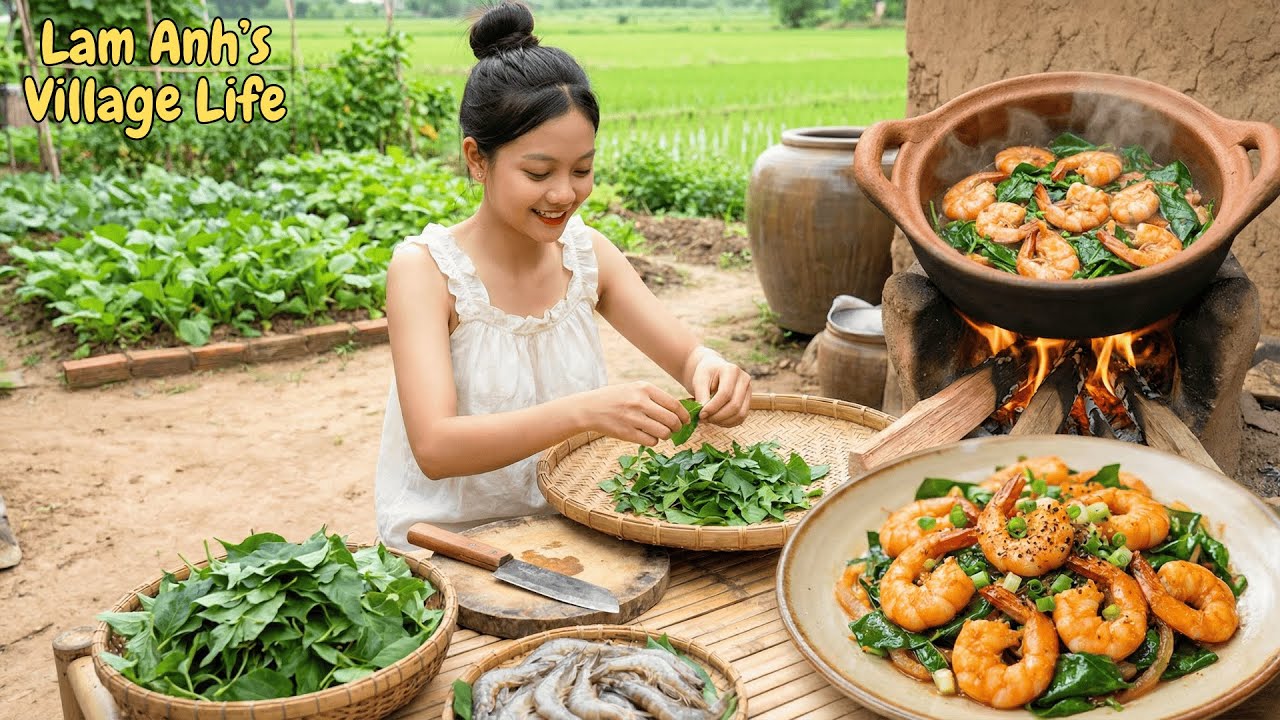 Harvesting And Cooking Vlog 43: How to Cook a Dish with Shrimp and Bitter Leaves for Lunch