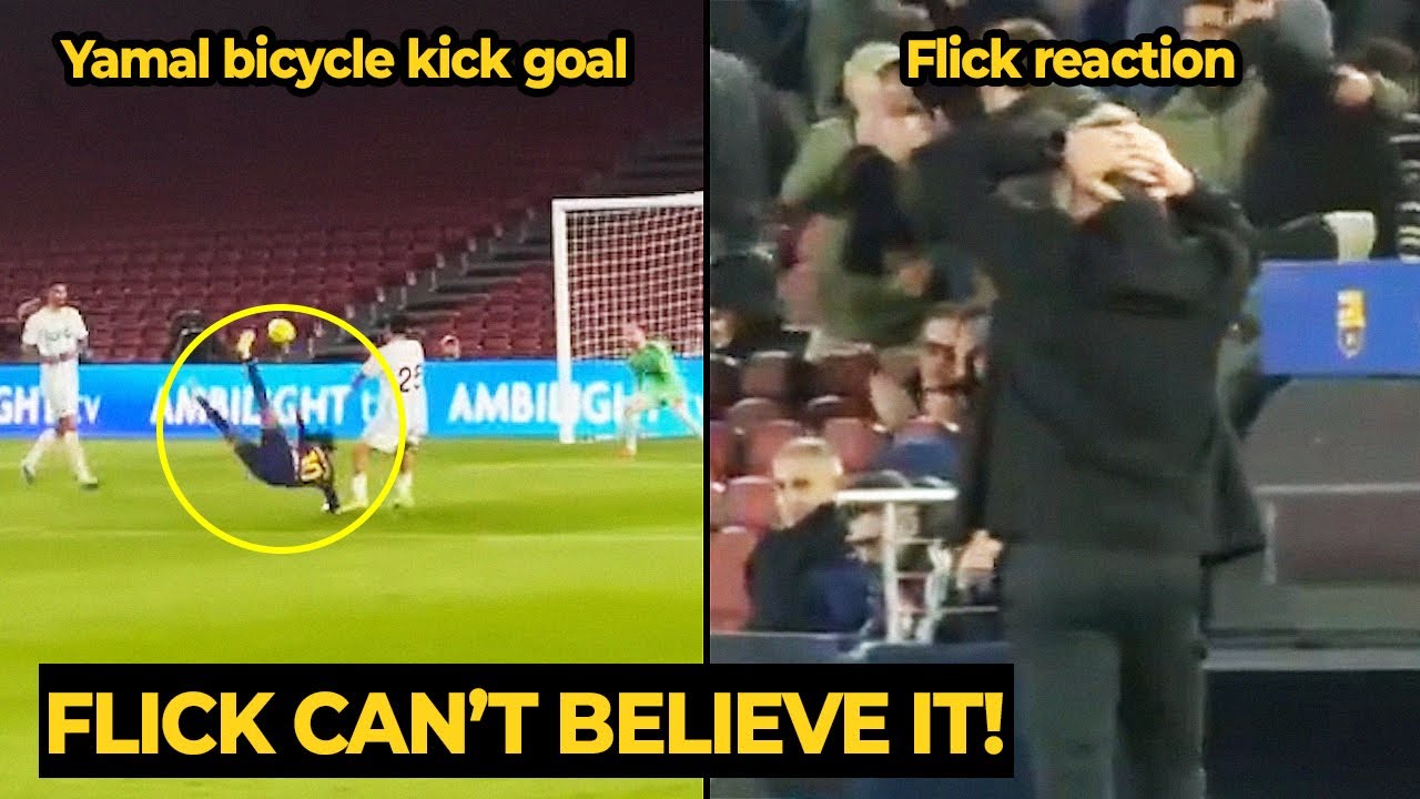 Moment Hansi Flick’s shocked reaction to Lamine Yamal’s bicycle kick goal against Real Oviedo