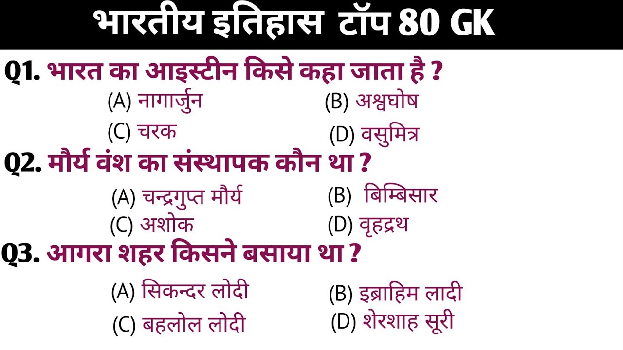 भारतीय इतिहास 80 G K / Indian history/ SSC / Railway / Group D / police / SI
