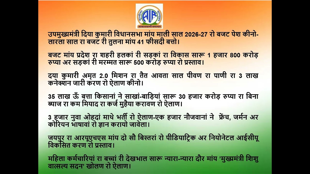Regional News Bulletin, All India Radio, Jaipur  Special Budget Bulletin