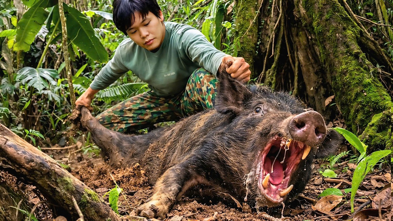 50 days surviving in the wild: wild boar trapping skills, survival skills, survival farm
