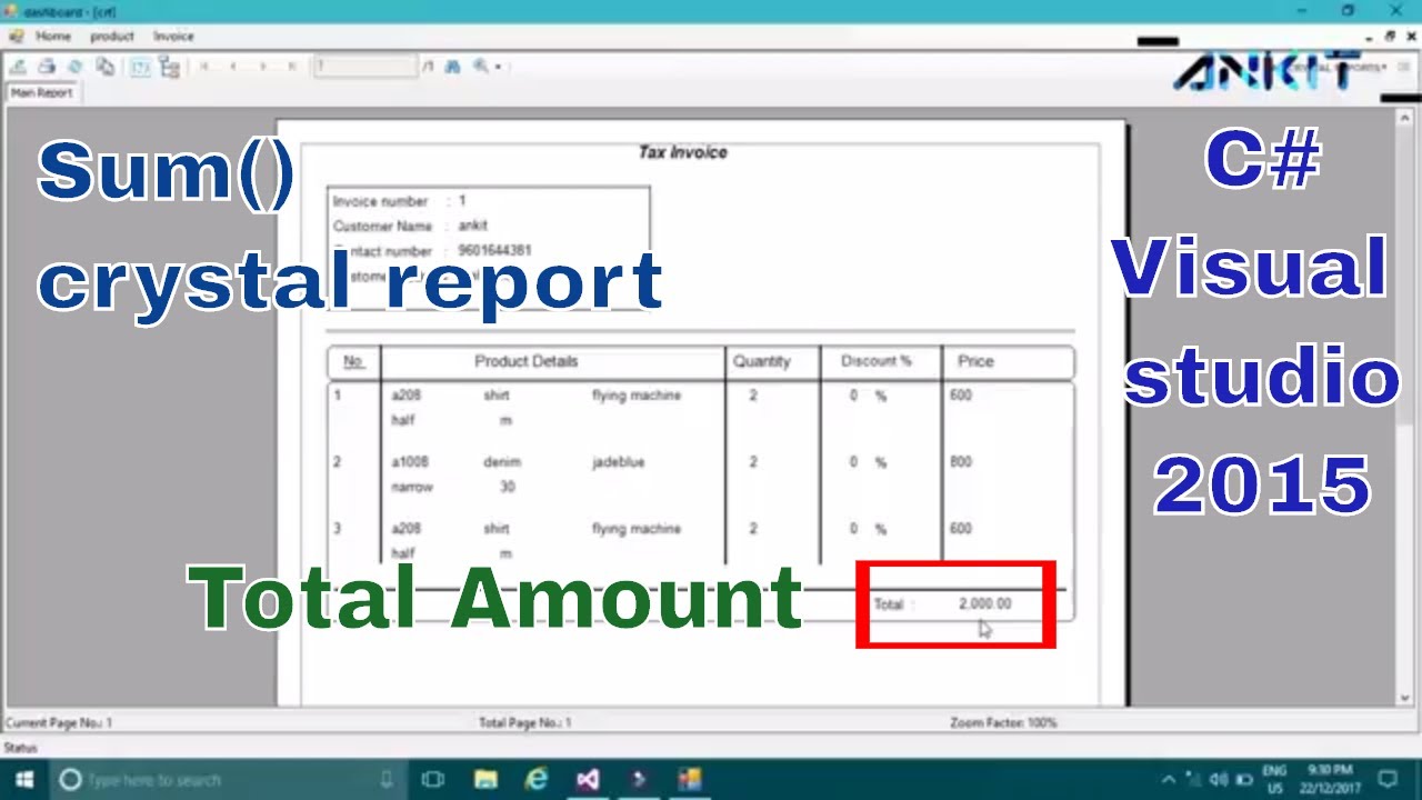 Crystal Report Sum Function Grand Total of Column in c#