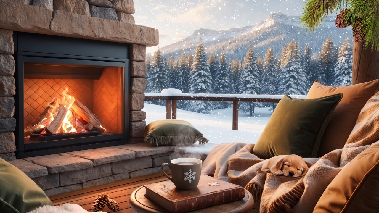 Уютная зимняя веранда 🔥 Расслабляющие звуки трескающего огня и падающего снега