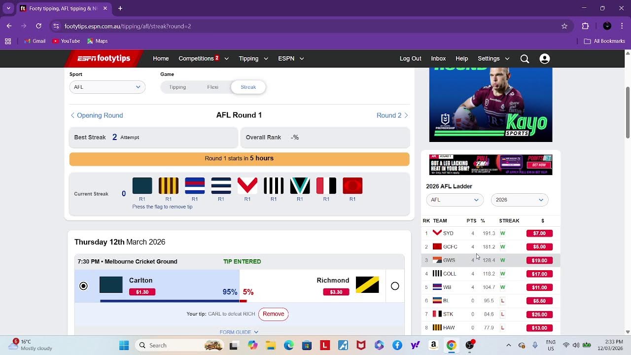 AFL Round 1 AFL Tips + Predictions 2026