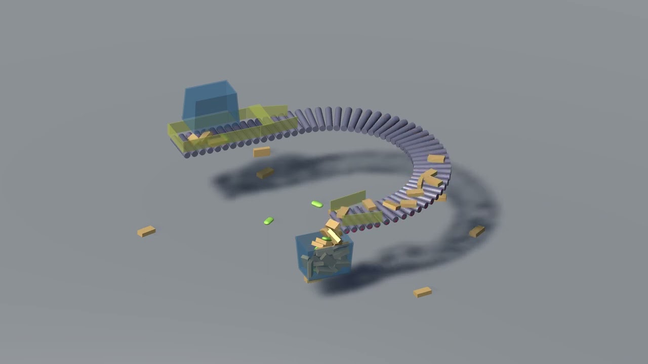 Unity simulation of filling a container from a roller table