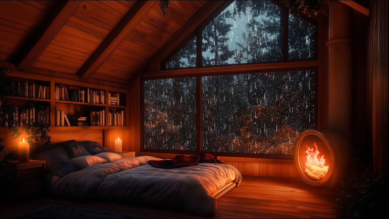 Deep Sleep Sounds - Fall Asleep in this Cozy Cabin - Rain, Thunder and Fireplace