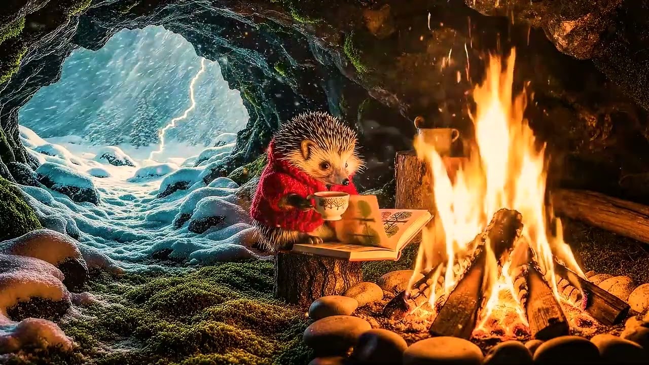 Hedgehog's Winter Den | Quiet Reading Nook | Relaxing Music & Peaceful Fire Sounds for Focus, Calm