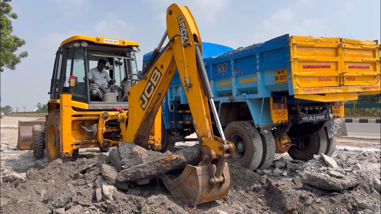 Backhoe Loader Clearing Waste Concrete During Road Repair Work | Powerful Construction Machine