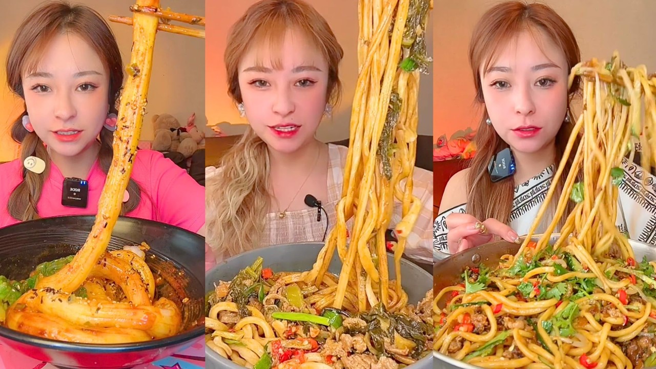 Spicy Rice Cake Noodles, Pickled Veg Noodles & Chili Beef Noodles Mukbang