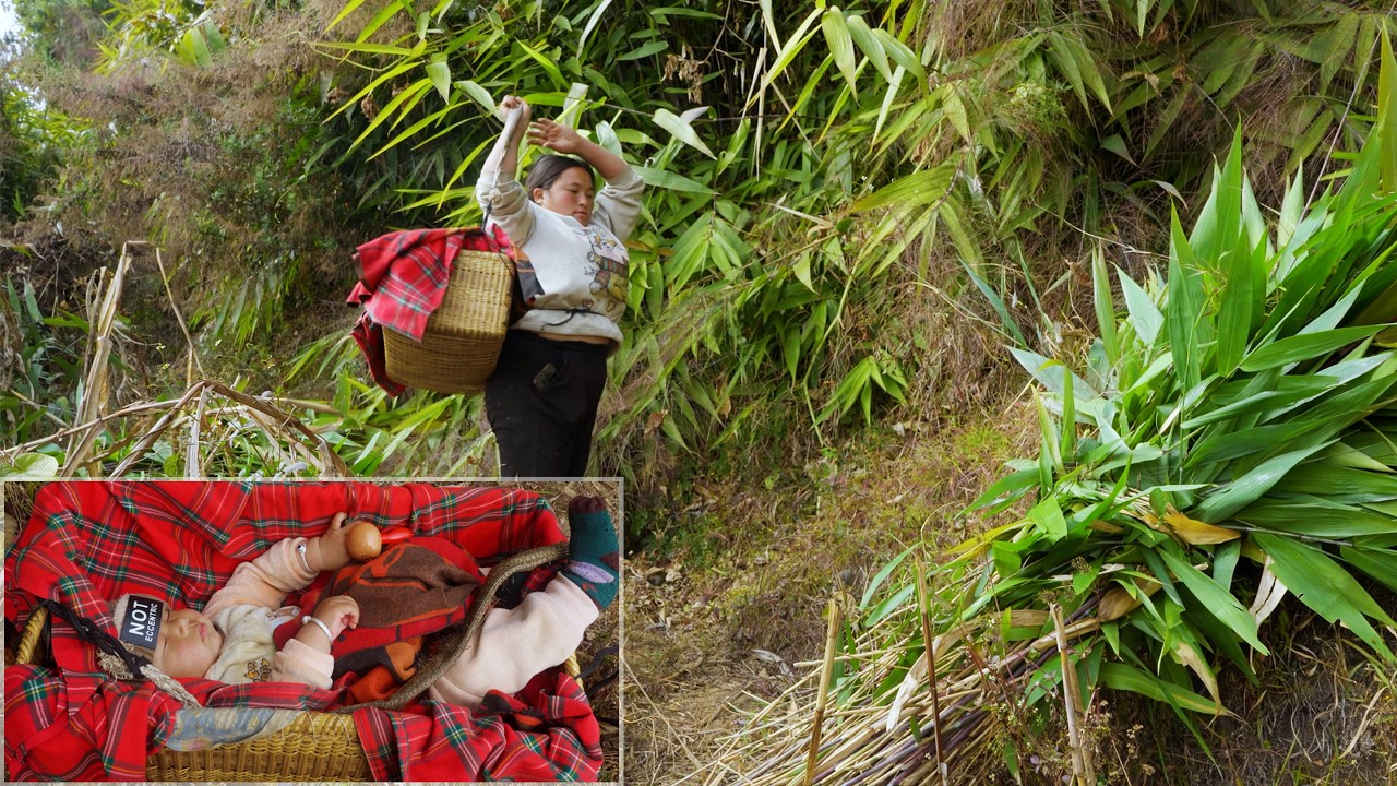Jina working with baby boy Chhawahang II Village mom's daily lifestyle@shepherdlifeofnepal