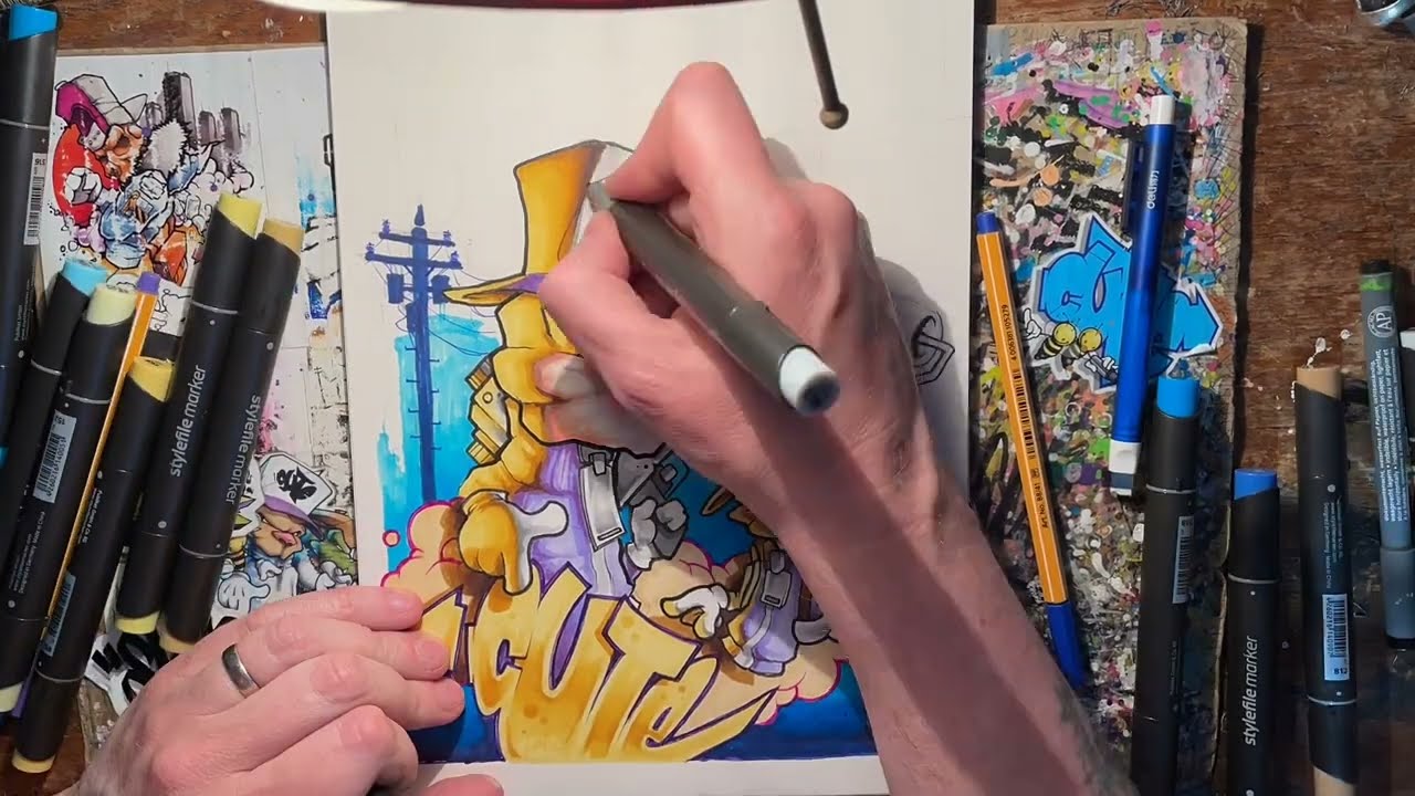 Sketching, Inking & colouring a graffiti blackbook page