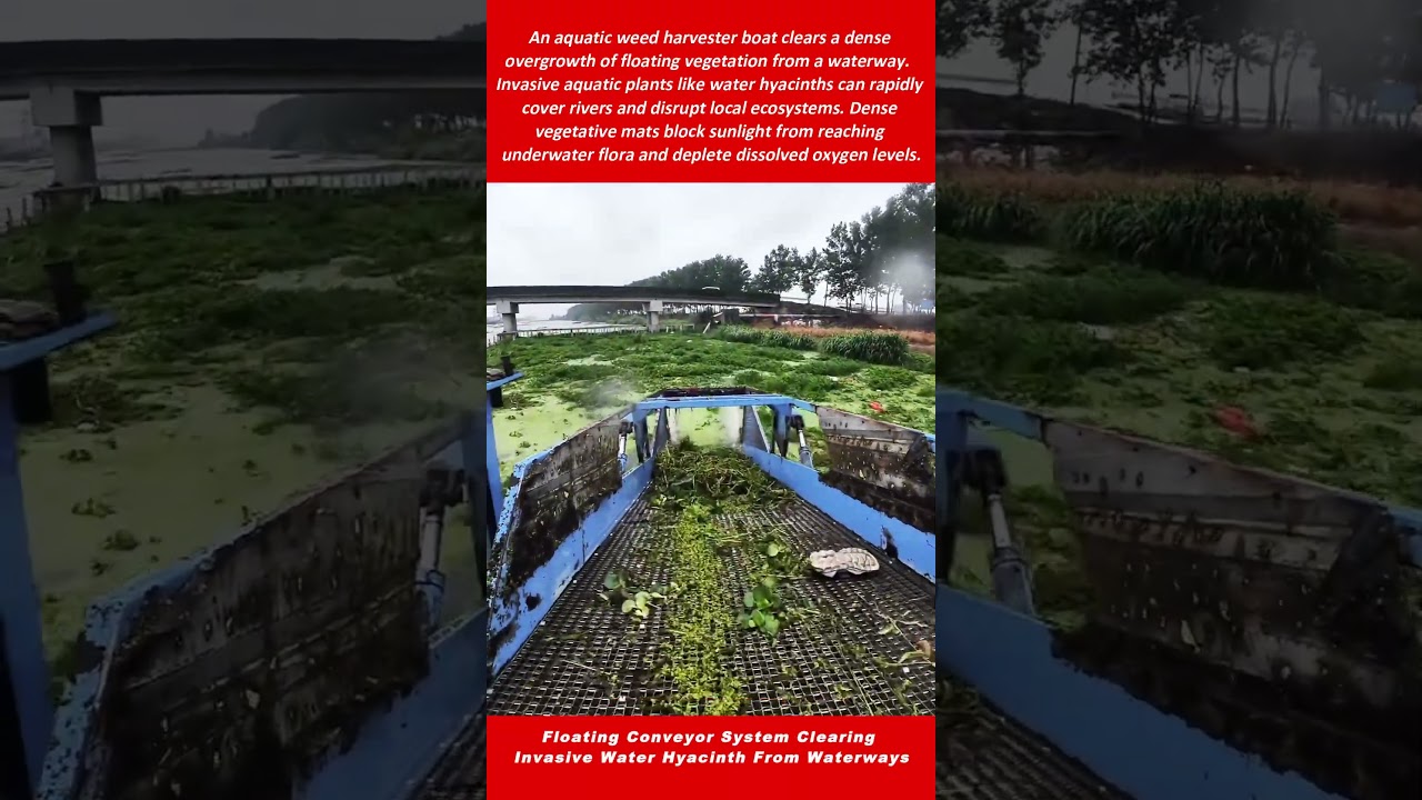 Floating Conveyor System Clearing Invasive Water Hyacinth From Waterways