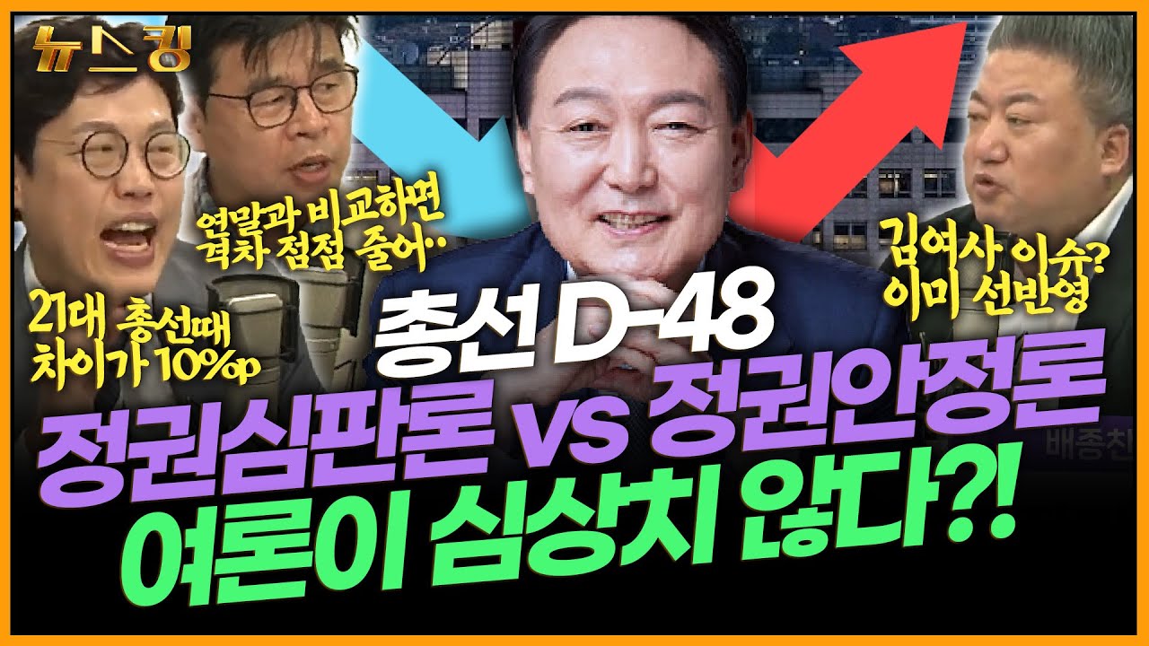 [여론뚜웅탑] 총선 D-48 정권심판론 vs 정권안정론 여론이 심상치 않다?! #김준일 #윤희웅 #배종찬 _240222