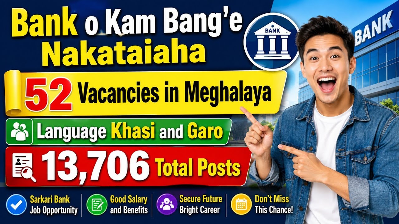 Bank o Kam Bang'e Nakataiaha /52 Vacancies in Meghalaya /Language Khasi and Garo/13,706 Total Posts