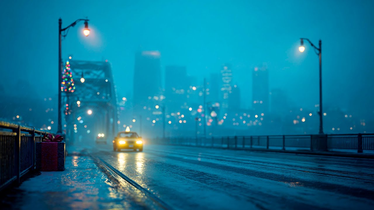 Foggy Christmas City Jazz 🌃🚕 Lonely Bridge Lights for Late-Night Study