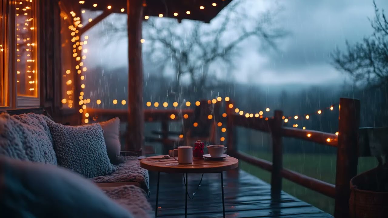 Warm Candlelight and Rain on a Winter Balcony Facing the Forest for Restful Night Ambience