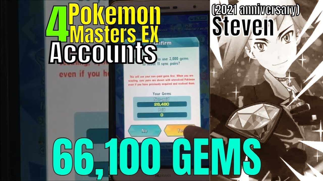 4 accounts | 66100 GEMS | Scouting Steven and Rayquaza Master Sync Pair | Pokemon Masters EX
