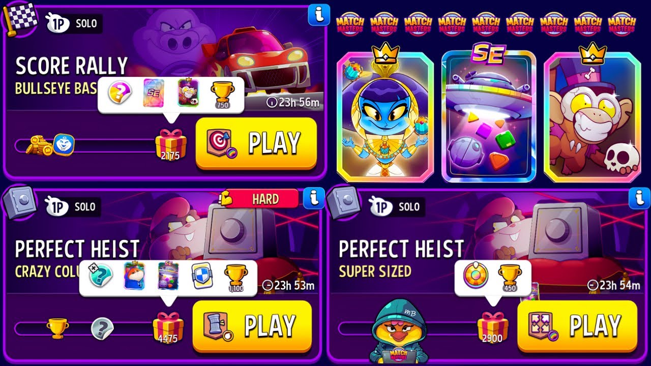 3 Solo/ HARD Crazy Columns Perfect Heist/ Super Sized Perfect Heist/ Bullseye Bash Score Rally