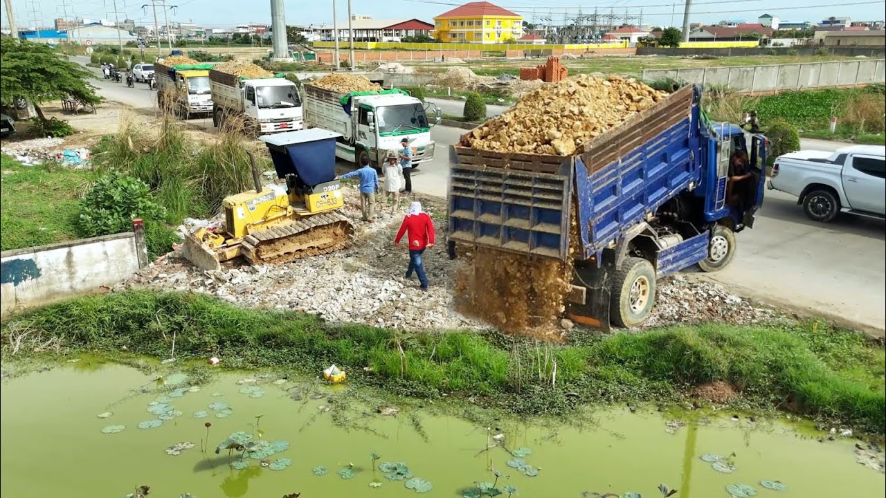 Be Watchful Started Landfill New Project!Delete Pond By Truck Dumping, Expert Bulldozer Pushing Soil