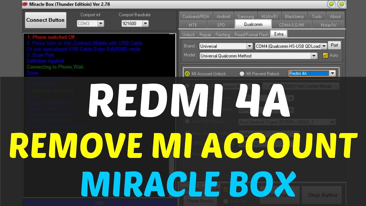 Redmi 4A (2016116) Mi Account Remove | EDL Mode | Miracle box
