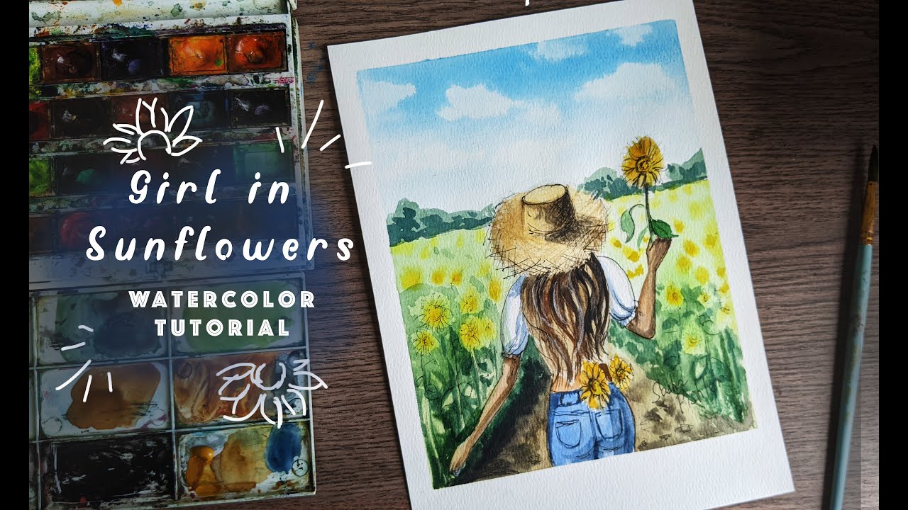 HOW TO PAINT A GIRL IN SUNFLOWER FIELD / WATERCOLOR TUTORIAL / ART THERAPY