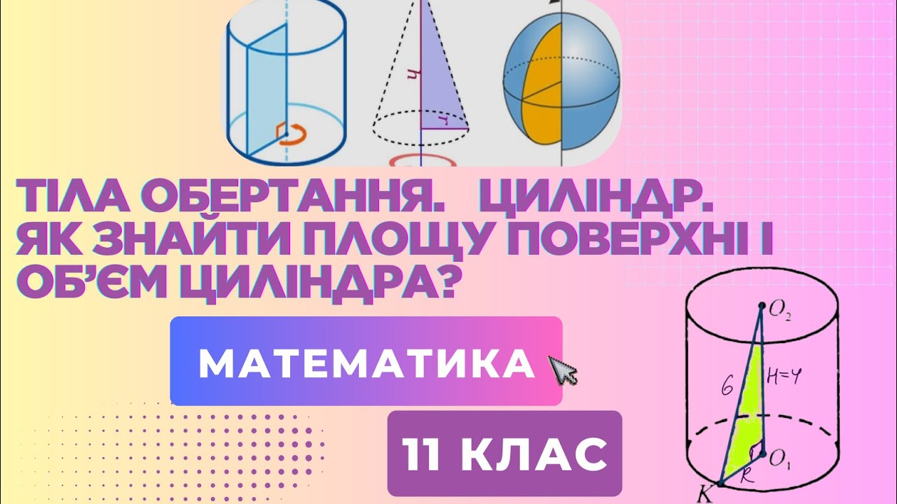Тіла обертання. Циліндр. Основні поняття. Як знайти площу поверхні і об’єм циліндра?