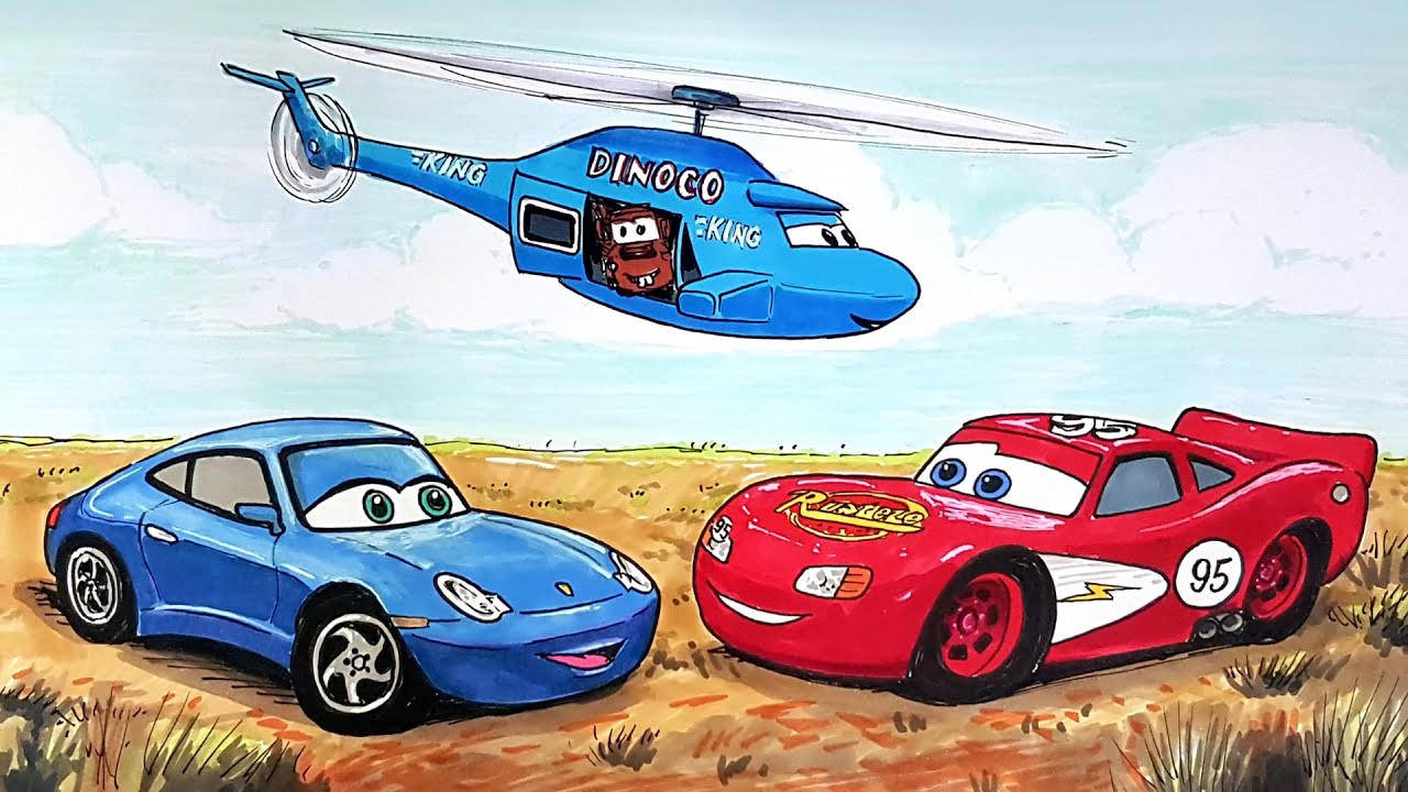 Draw McQUEEN & SALLY, and MATER on DINOCO Helicopter CARS Drawing and Coloring Pages | Tim Tim TV