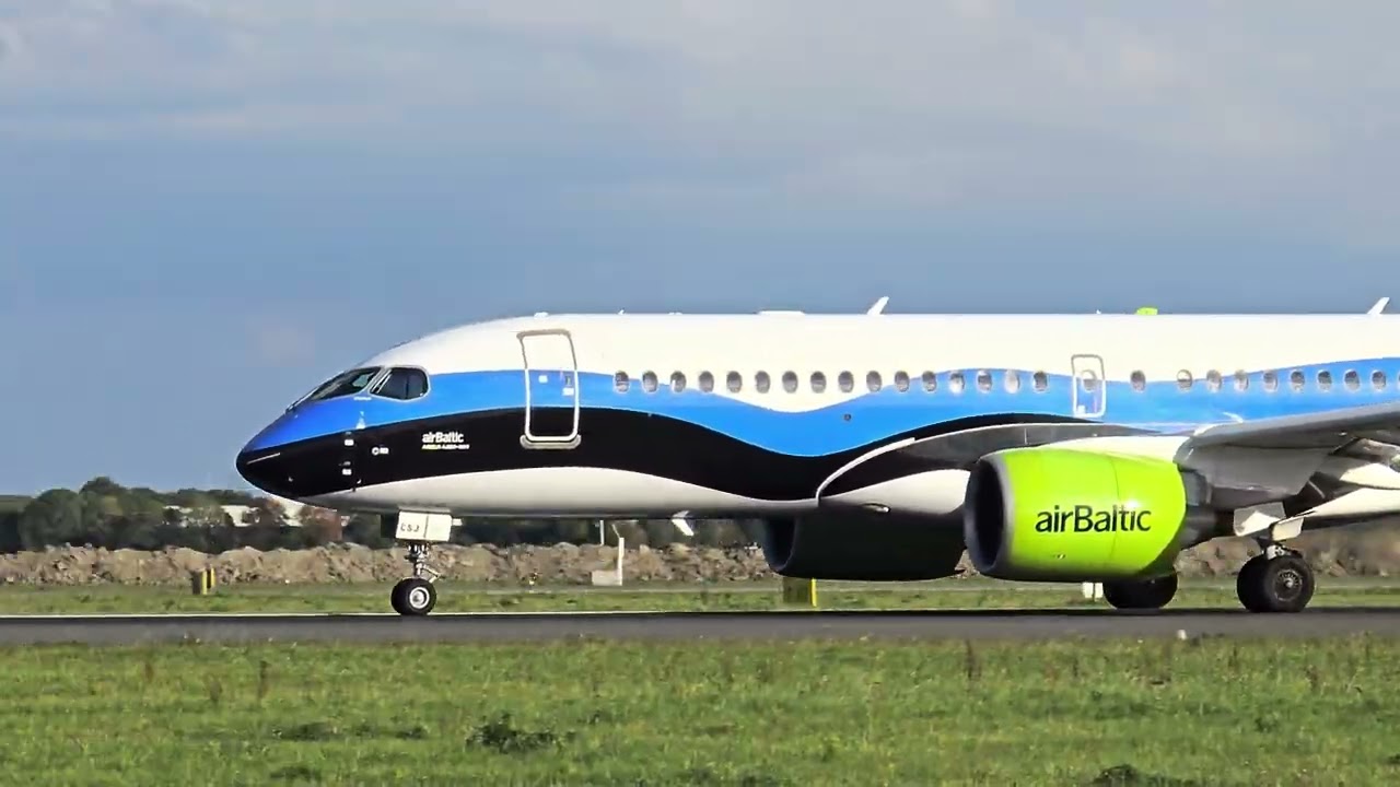 Air Baltic Special Estonian Flag LiveryAirbus A220-300 YL-CSJ Takeoff | AMS to Vilnius