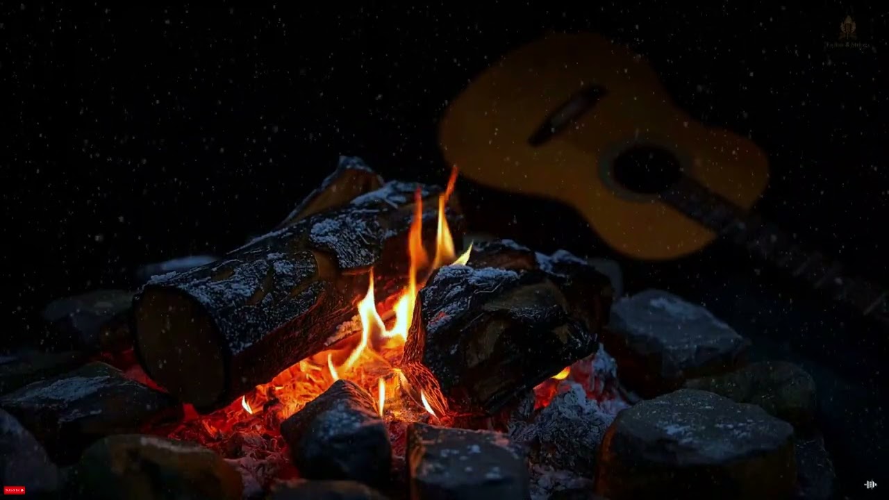 A Soft Winter Fireplace with Calm Guitar Strings