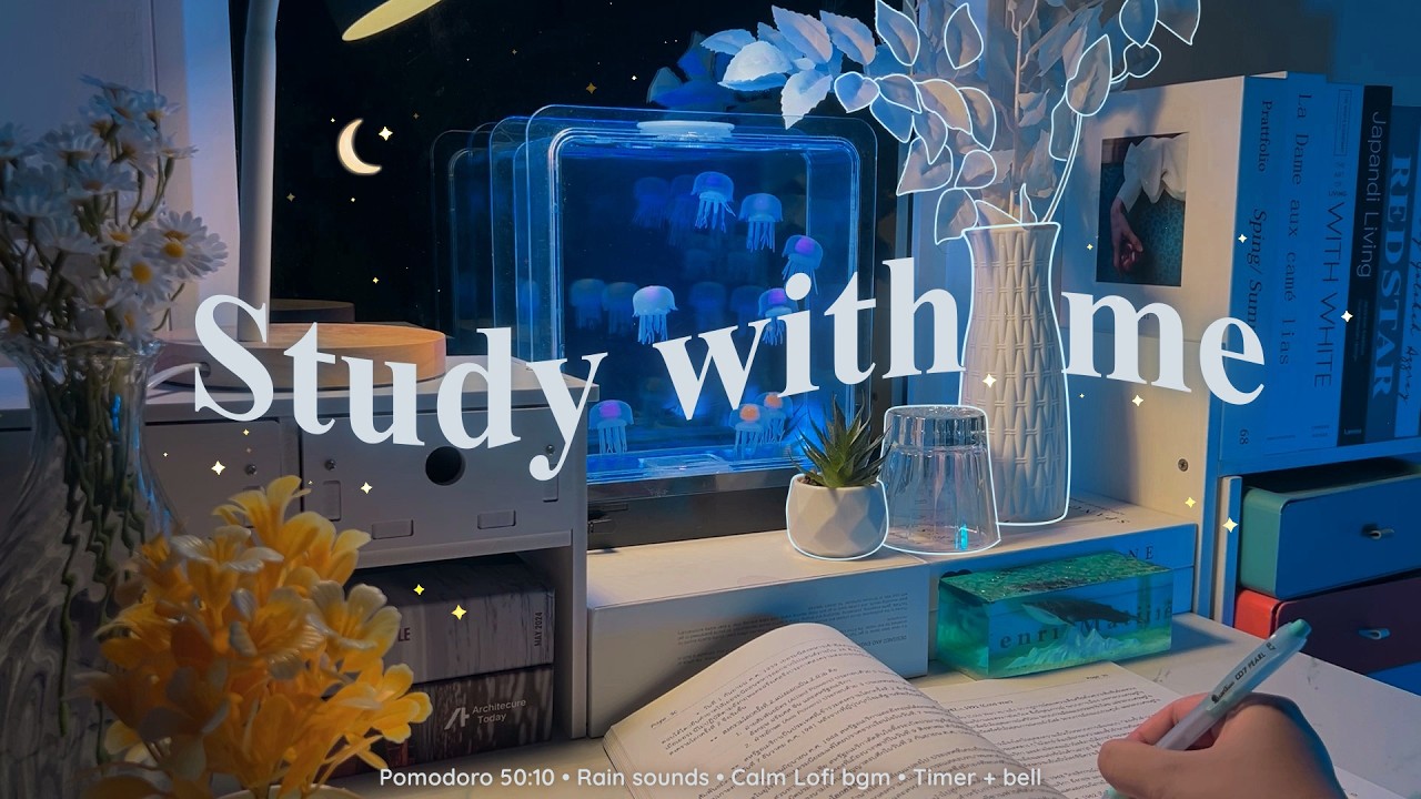 💙3-HOUR Late Night STUDY WITH ME • Rain sounds☔+ Calm Lofi bgm • Pomodoro 50-10 • Day306🐋