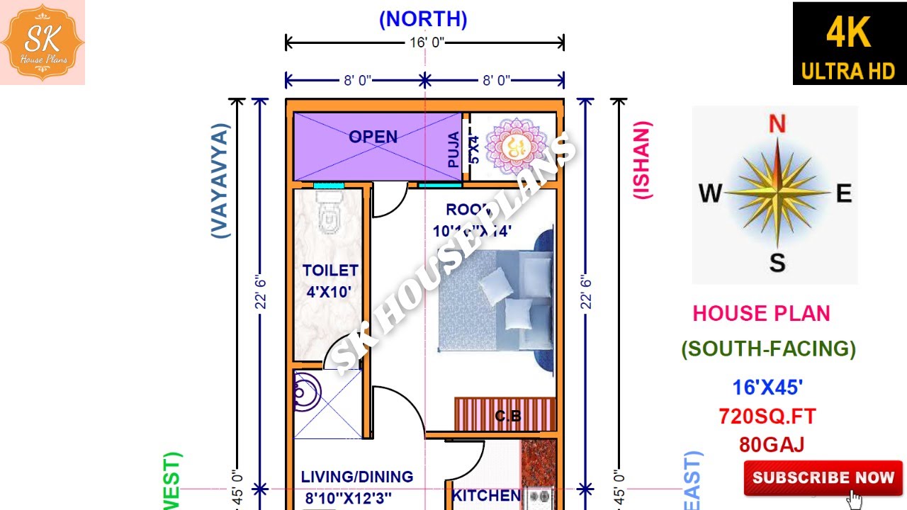 VASTU SOUTH FACING HOUSE PLAN 16' X 45' / 720 SQ.FT / 80 SQ.YDS / 67 SQ.M / 80 GAJ / WITH INTERIOR