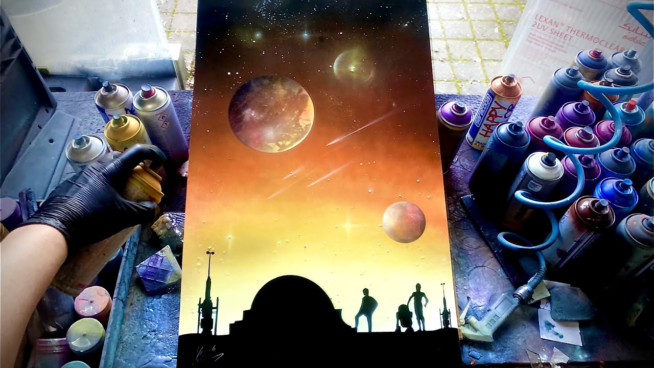 Tatooine Planet with TWO SUNS - Star Wars SPRAY PAINT ART by Skech (Glow In The Dark)