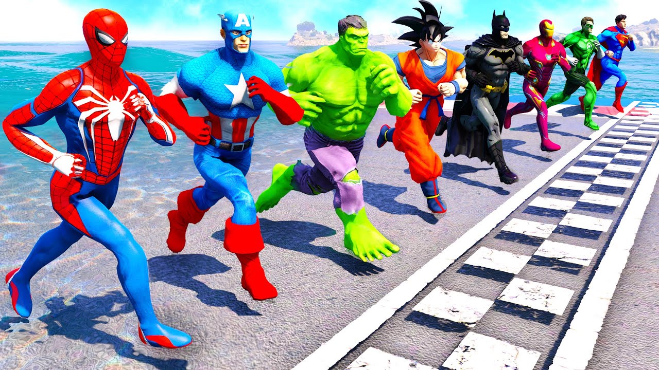 SPIDERMAN Team vs SUPERHEROES Team RUNNING CHALLENGE On Beach Mega RAMP ! HULK, IRON MAN, BATMAN RUN